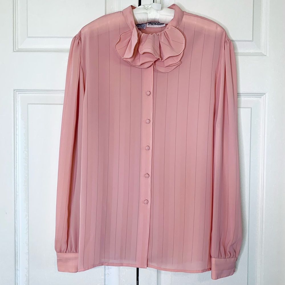 Vintage Blouse Baby Pink Ruffle Collar Pinstripe 80s Office Feminine Modest